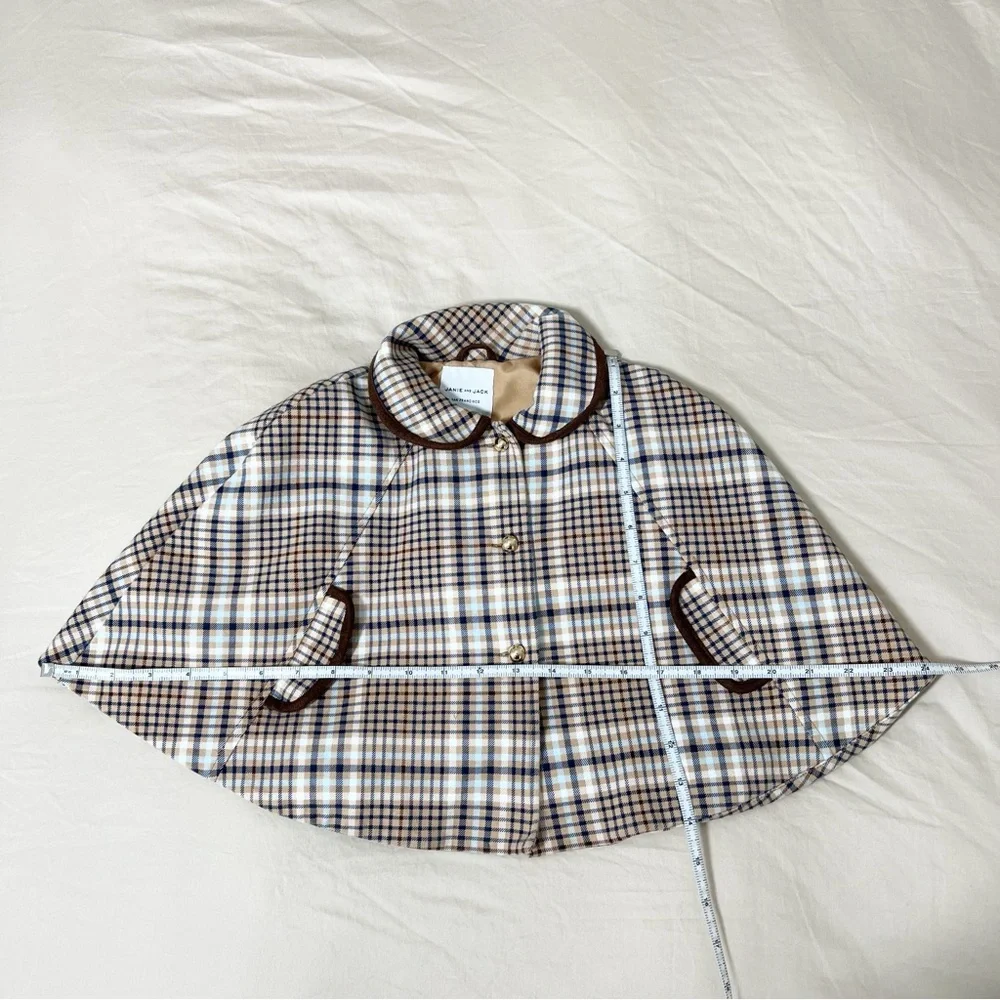 Janie and Jack Girls Size 2T Tan Plaid Cape Brown Velvet Trim Gold Buttons